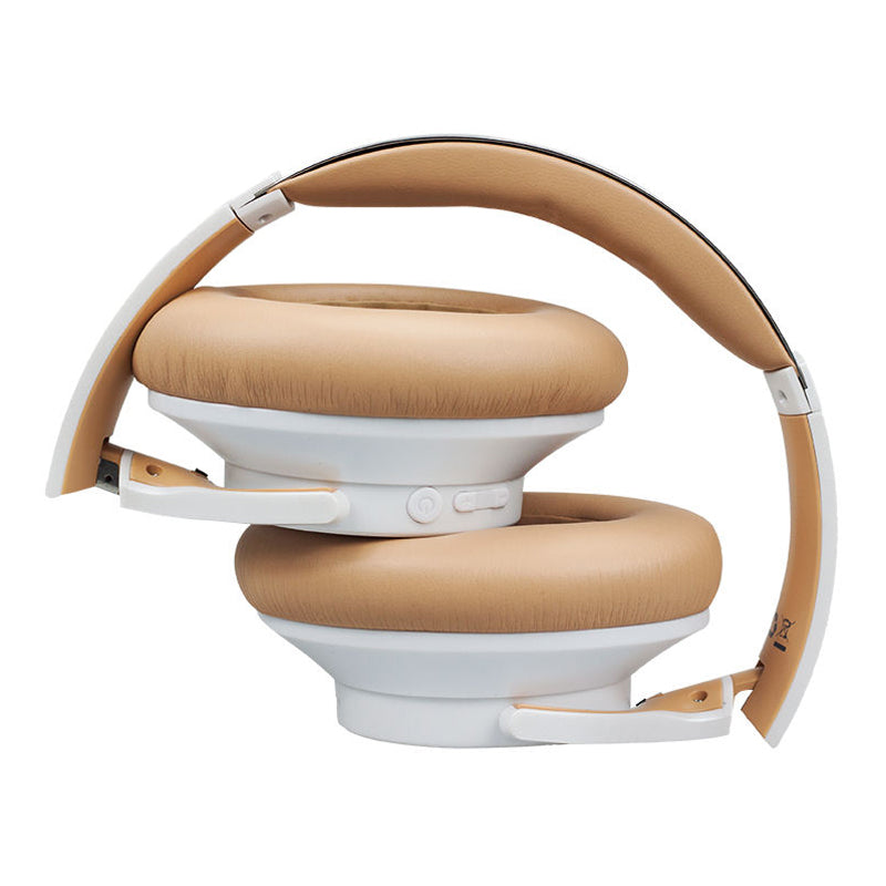 White & Beige Wireless Headphones Lightweight Over Ear