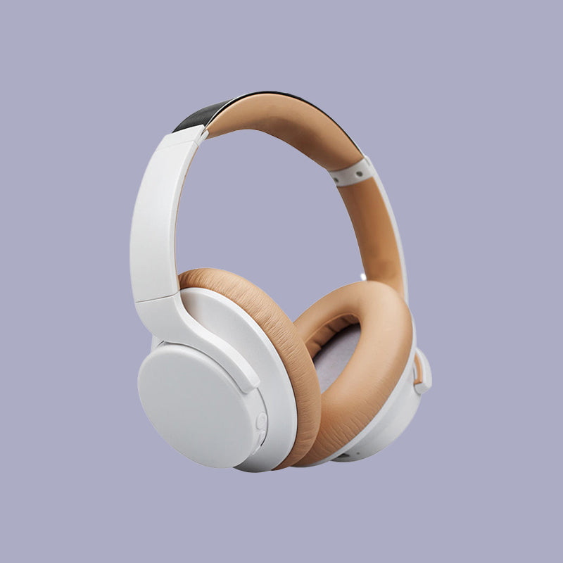 White & Beige Wireless Headphones Lightweight Over Ear